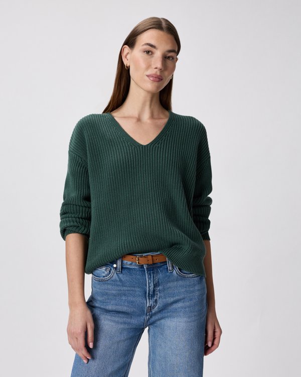 Big Sur Green 100% Organic Cotton Fisherman V-Neck Sweater — Quince product photograph