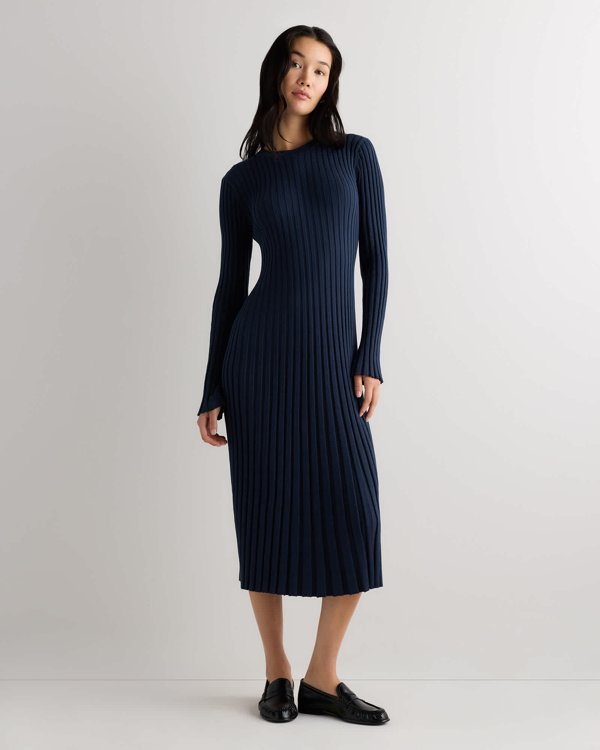 Atlas Navy Cotton Cashmere Ribbed Long Sleeve Crew Midi Dress — Quince product photograph